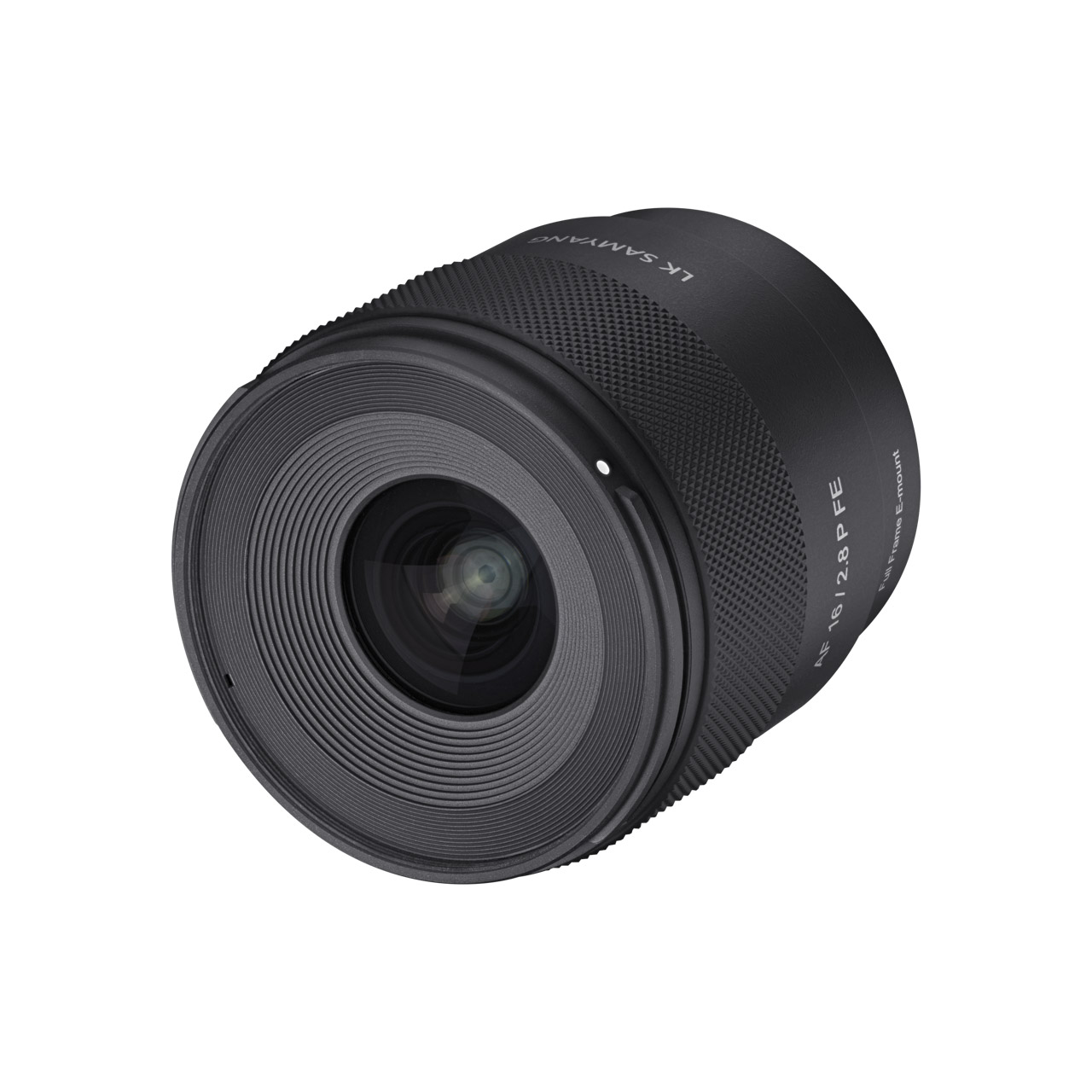 A black lens facing the diagonal, against a white background