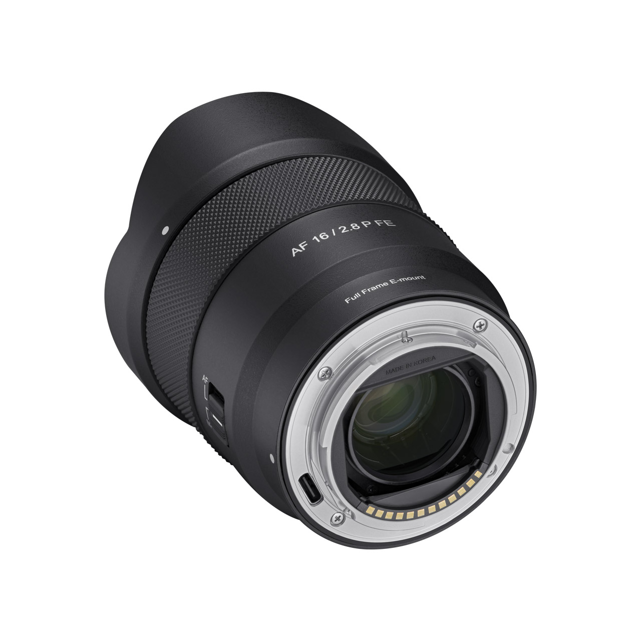 A black lens with a silver rim, against a white background