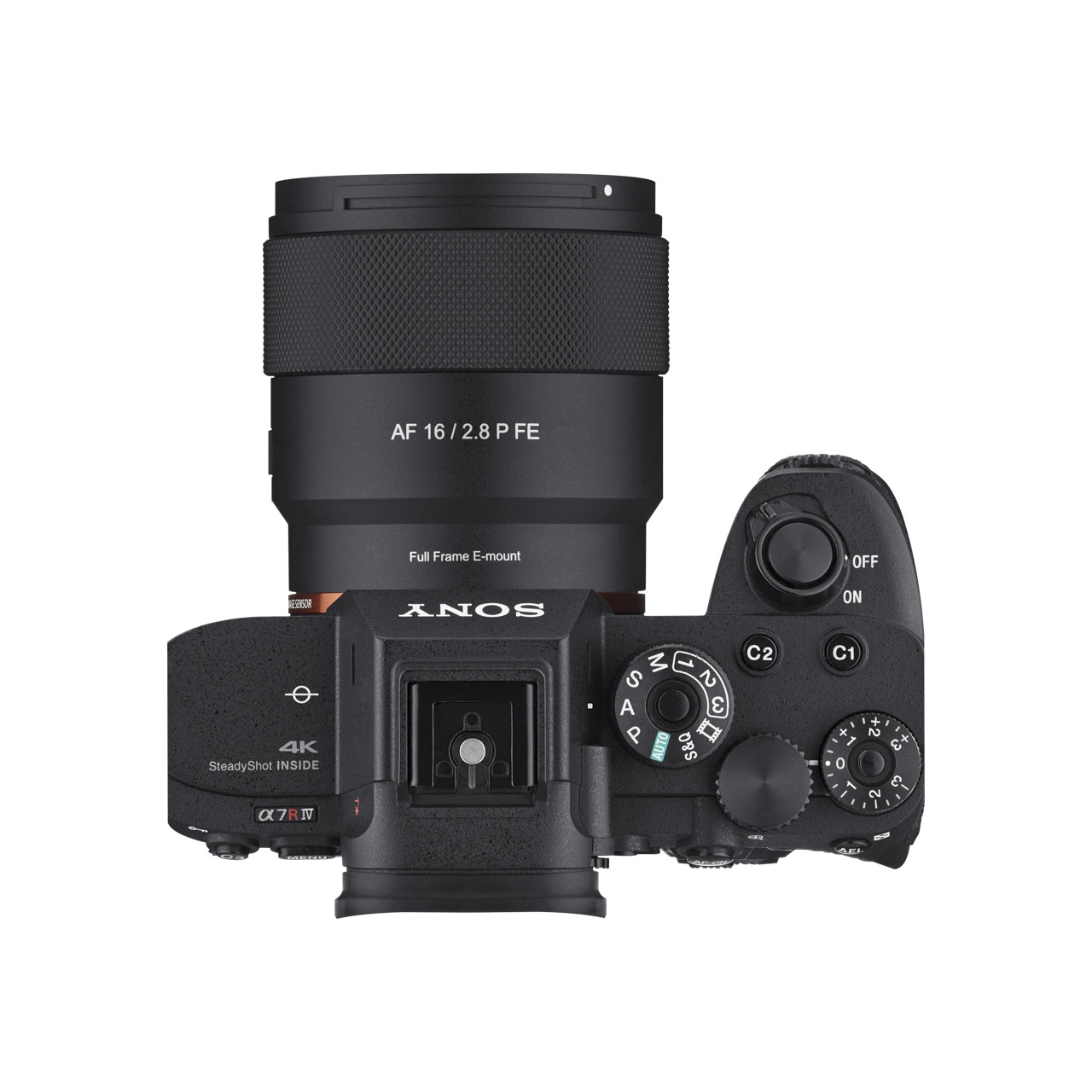 Top view of a Sony camera with multiple dials and a large lens, against a white background