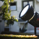 Aputure's Stom 400x placed outside and tilted upwards