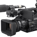 A handheld camcorder from Sony, against a white background
