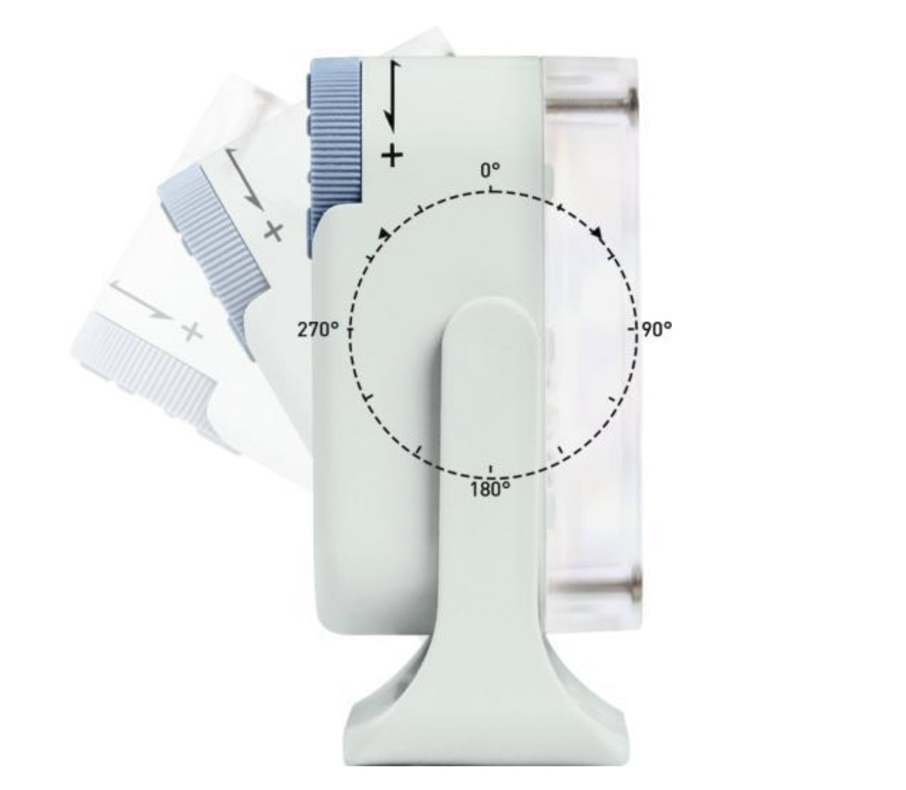 The side view of a square LED light on pivoting legs. The movement of the light overlays the image