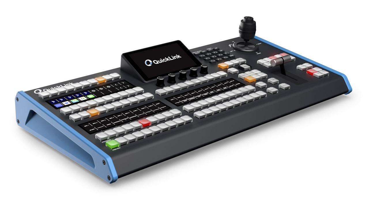 A black panel from QuickLink with blue sides. It has multiple buttons and a lever in the corner, against a white background