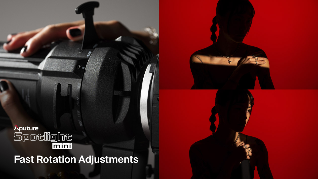 Comparison photos showing the rotation adjustments of Aputure's Spotlight Mini. The left photo shows the rotation mechanism on the light, while the two right photos show a woman in silhouette with a vertical and horizontal strip of light over her