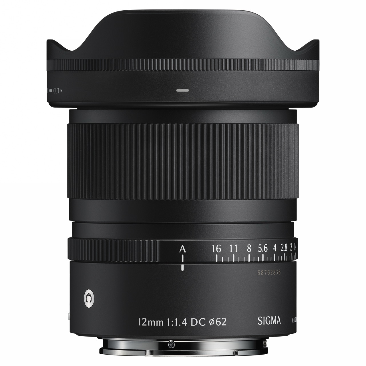 A short black 12mm F1.4 DC Contemporary lens from Sigma, against a white background