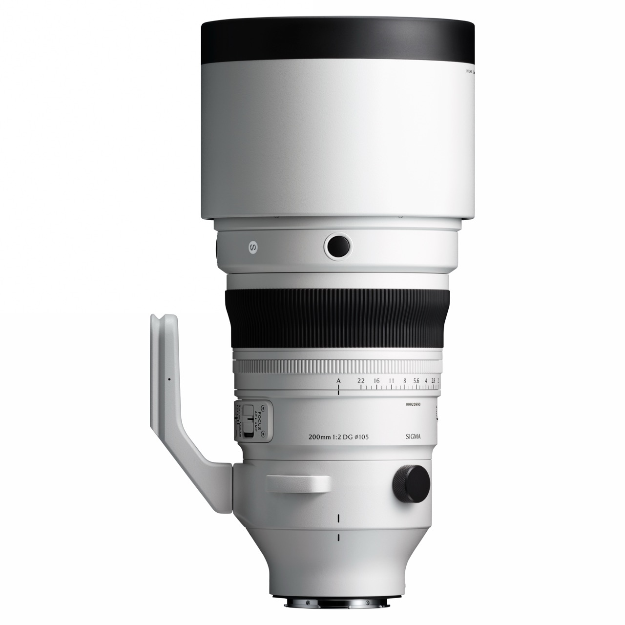 A large white and black 200mm F2 DG OS Sports lens from Sigma, against a white background