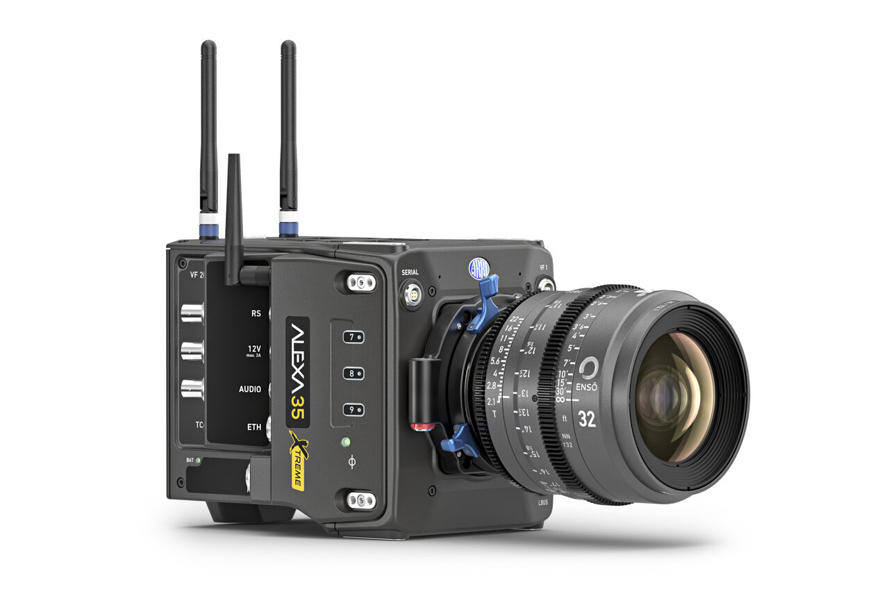 A square cinema camera by Arri facing the diagonal, against a white background