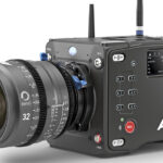 A square cinema camera by Arri with antennae at the top, against a white background