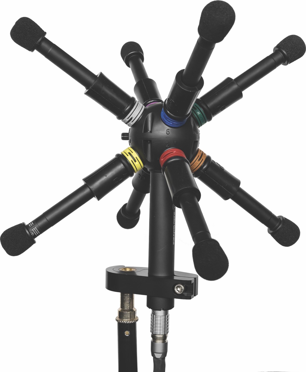 A black device comprised of a sphere with multiple microphones protruding from it