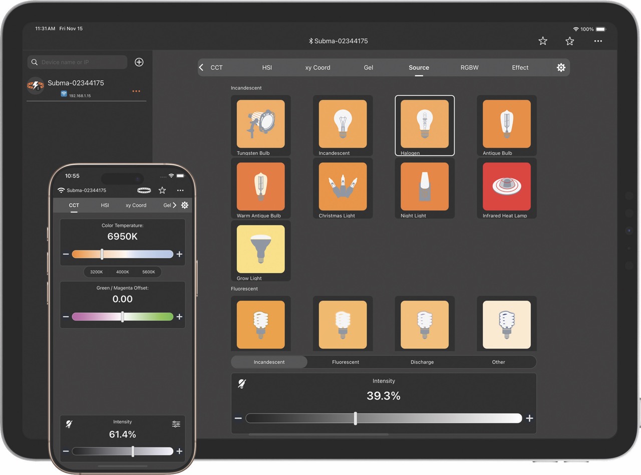 A smartphone and tablet showing the control page for the Atomos Sun Dragon light