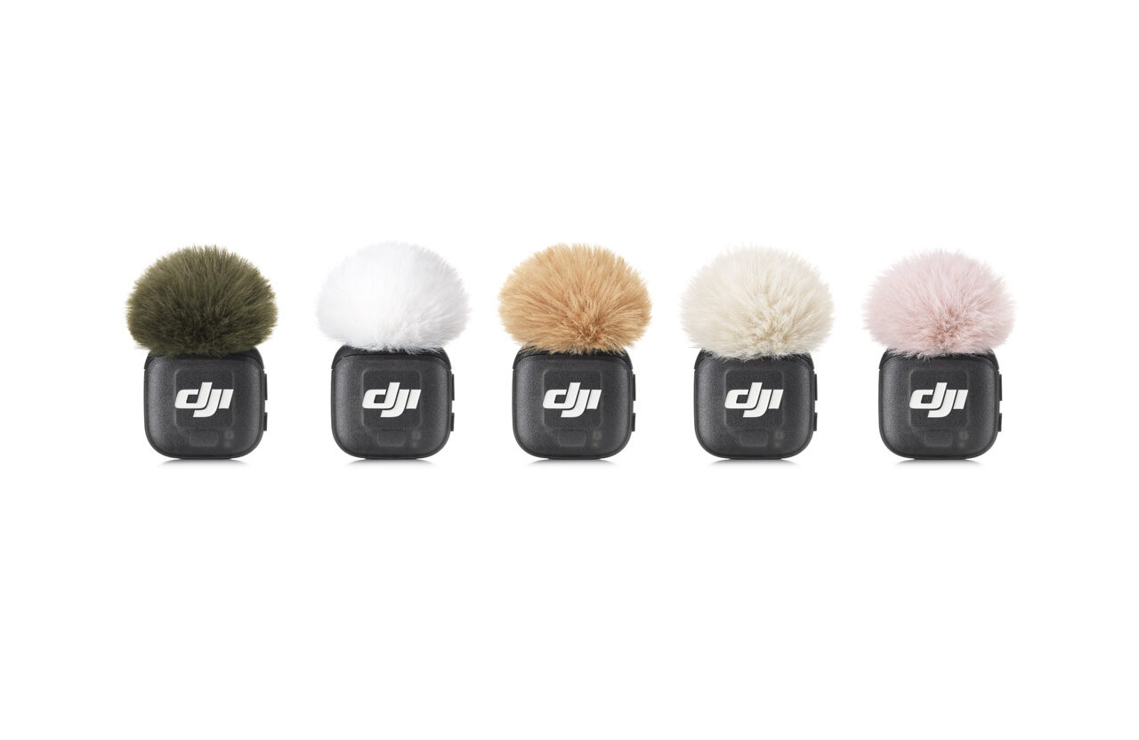 A line of small microphones from DJI with different colour, fluffy heads