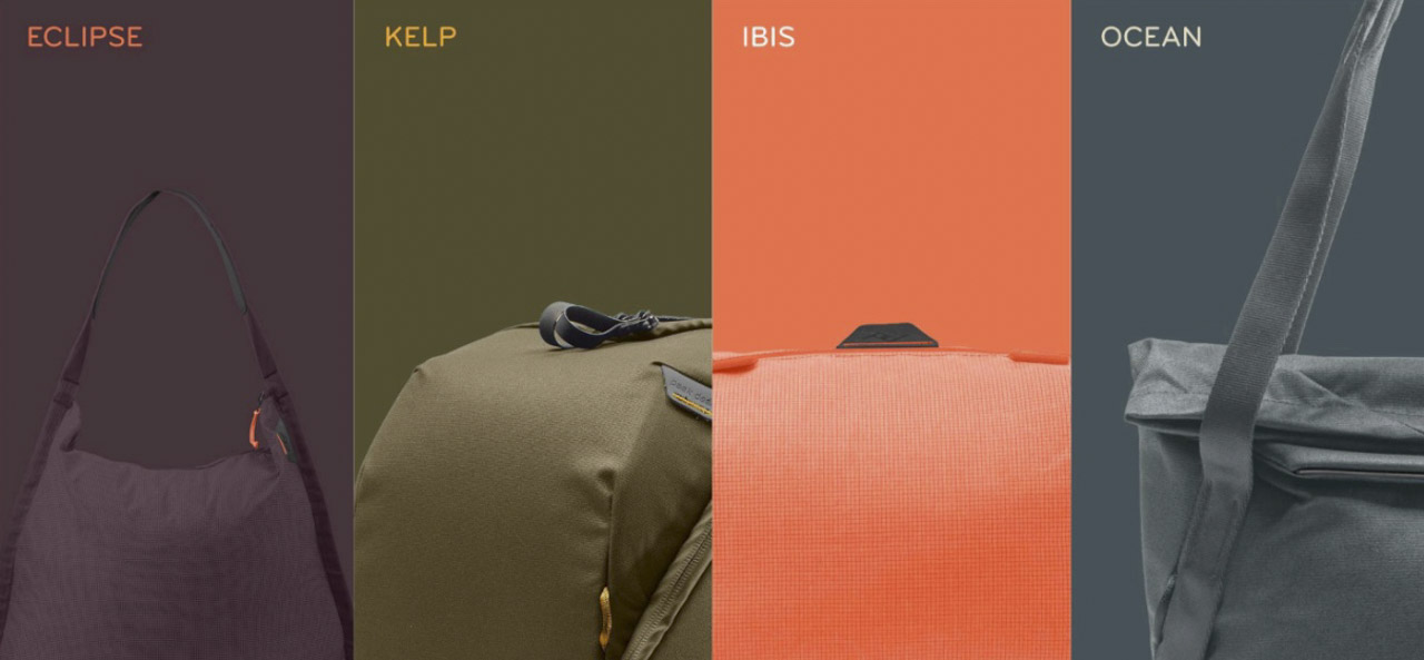 A row of four bags in different colours from Peak Design