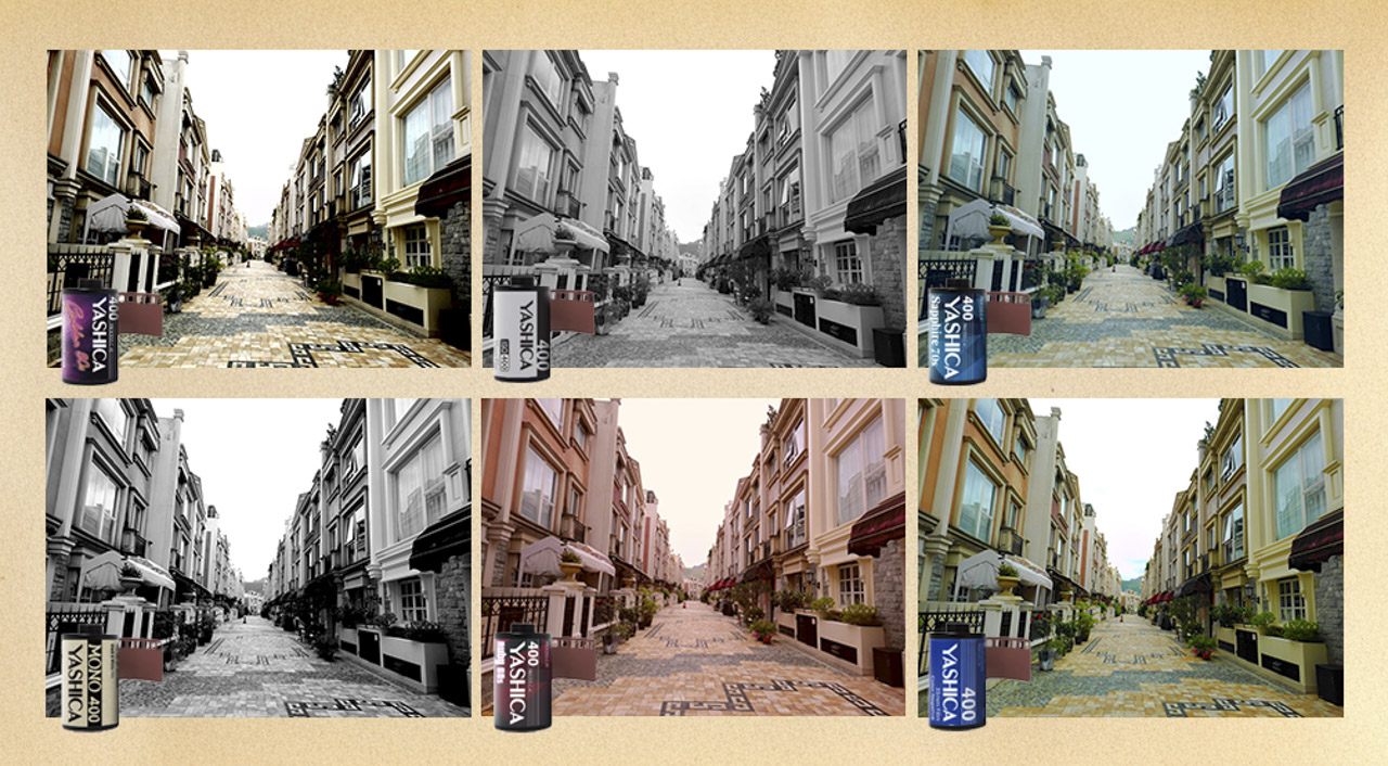 A grid of photos of a long street with different Film Simulations applied