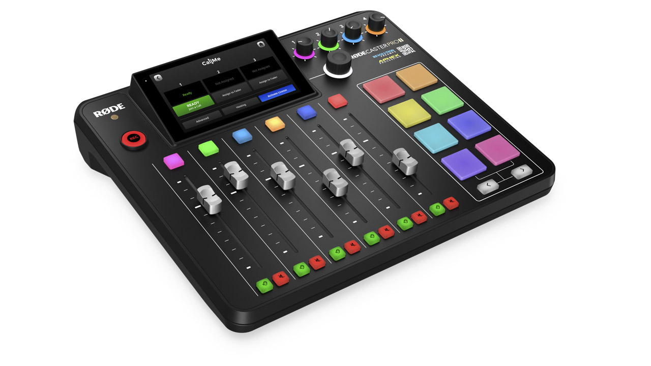 A colourful audio mixing board by Rode, against a white background