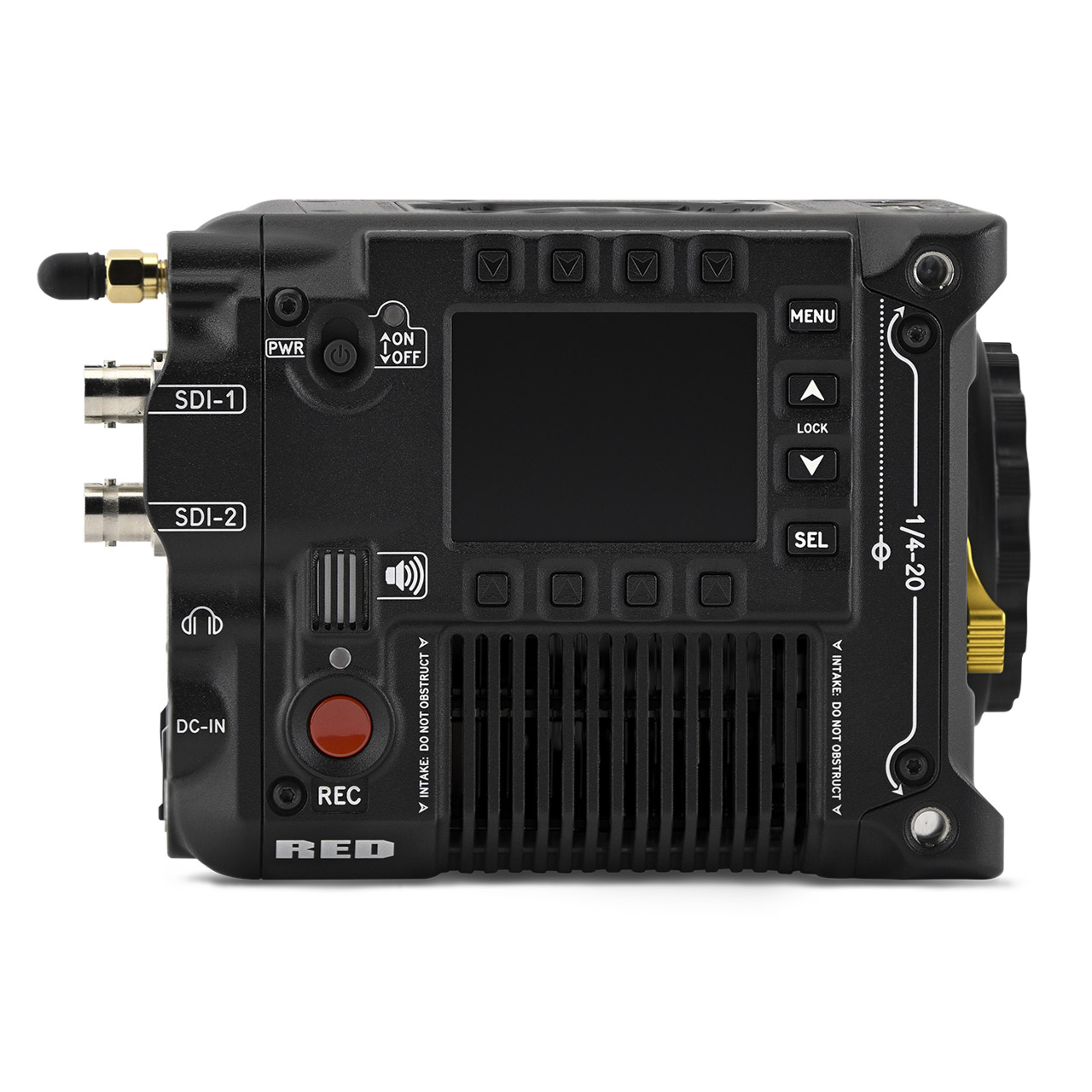 Side view of a black cube from Red with ports and prongs coming out of the back, against a white background