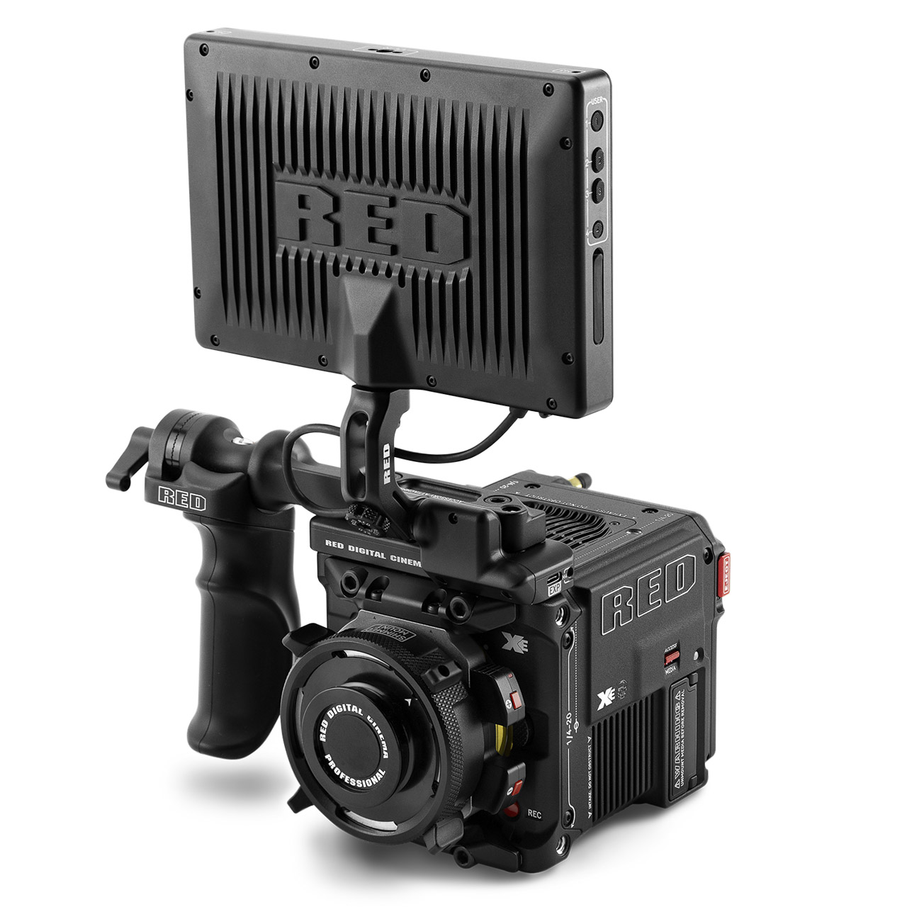 A black cube with a monitor attached from Red, against a white background