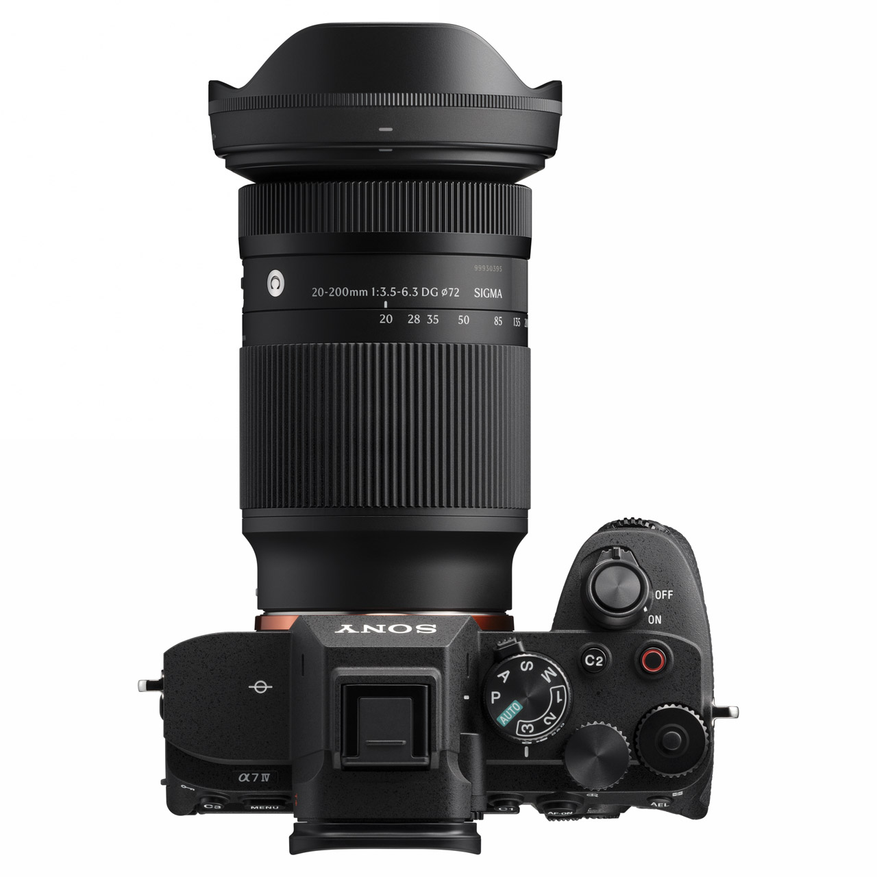 Top view of a black camera with a large Sigma lens attached