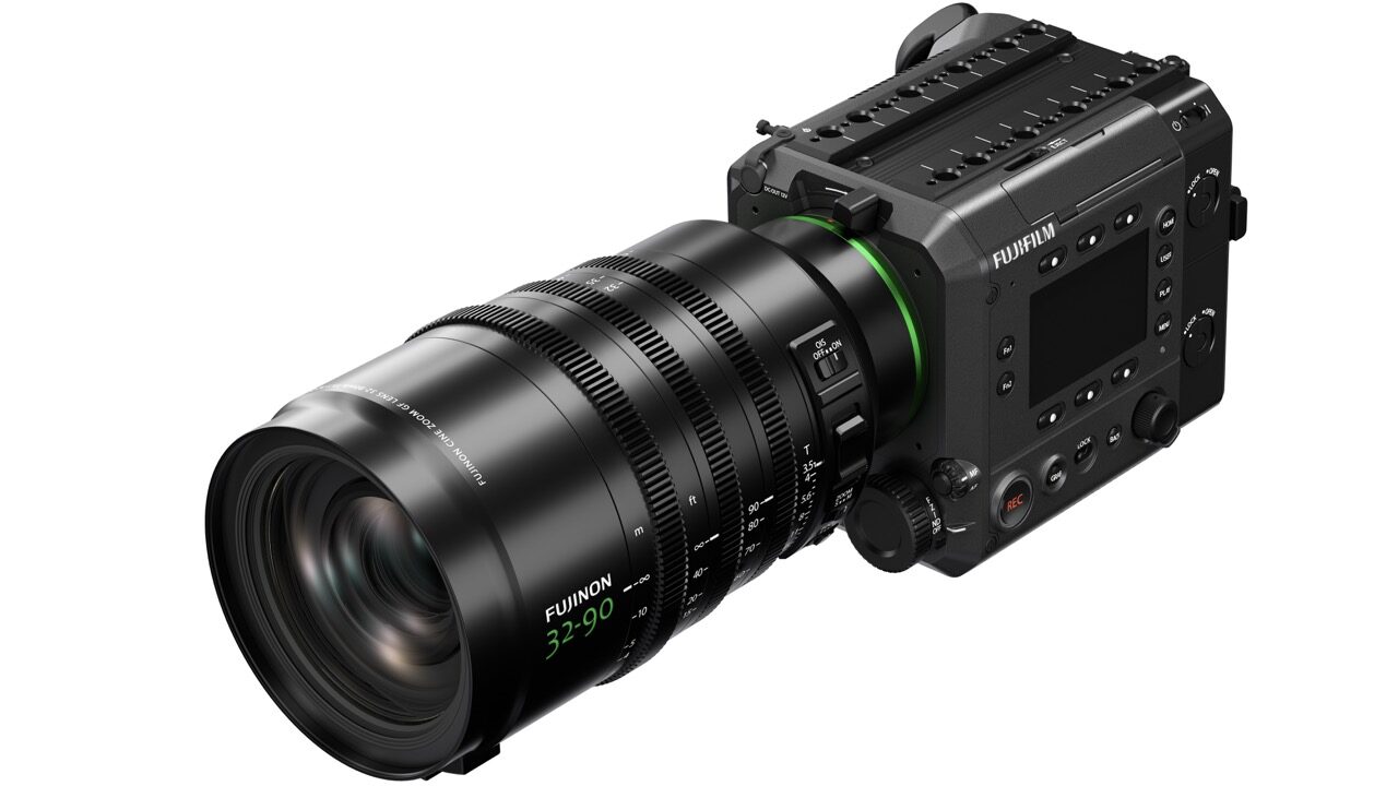 A professional filmmaking camera from Fujifilm, against a white background