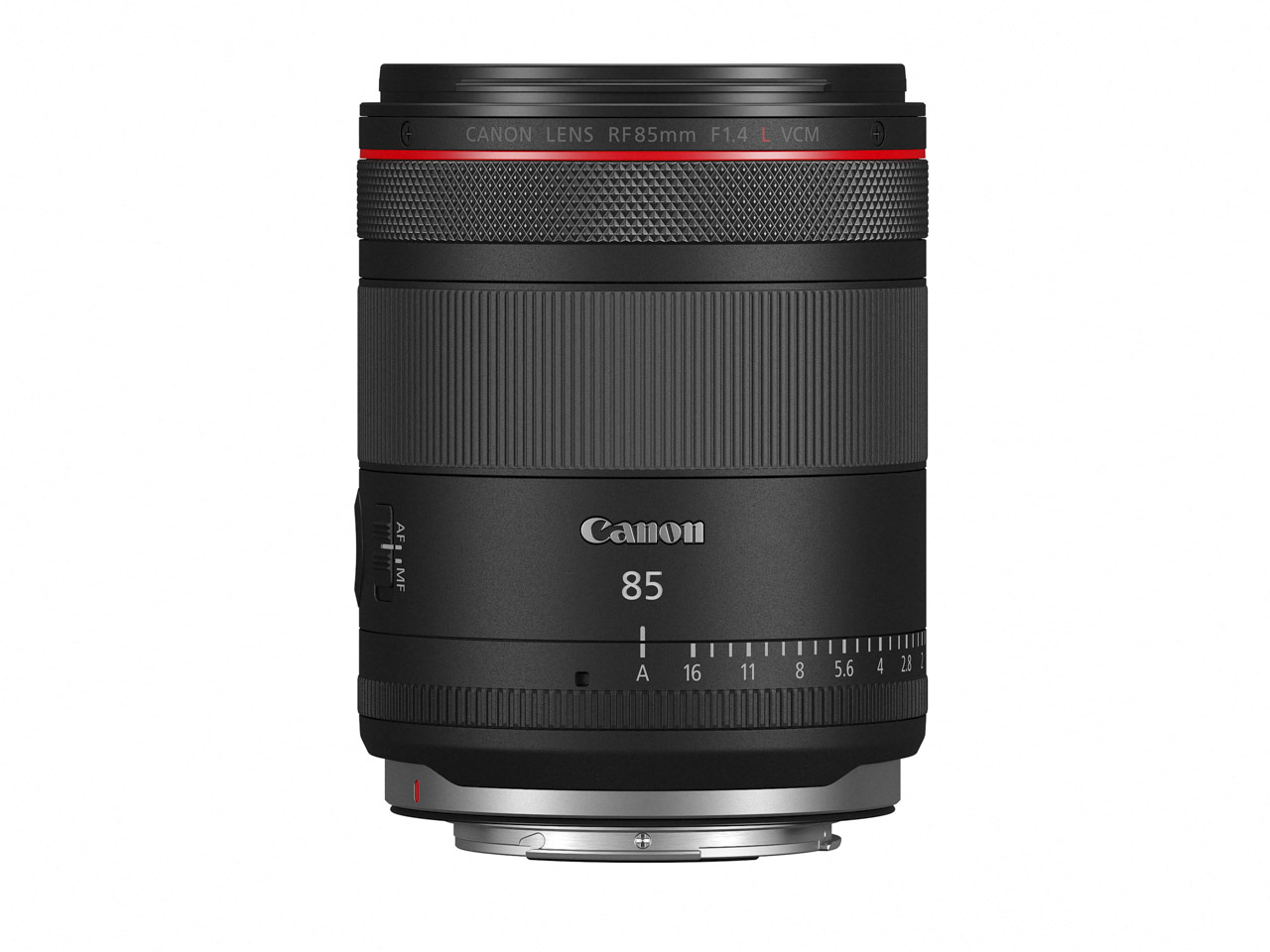 A black lens with a red rim from Canon standing vertically, against a white background