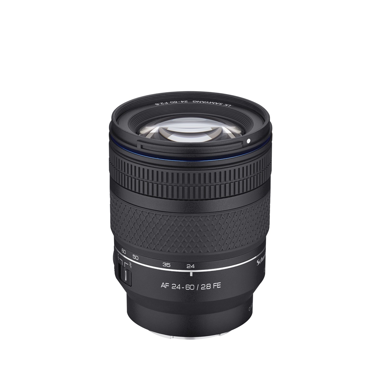 A black lens from Samyang standing vertically, against a white background