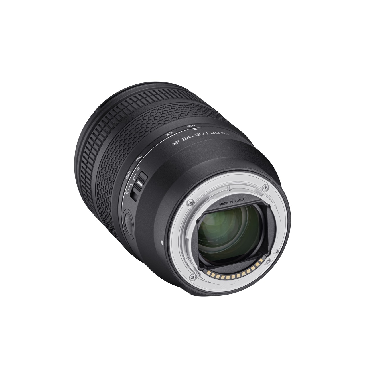 A black lens with a silver rim from Samyang, against a white background