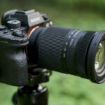 A black camera on a tripod with a Sigma lens, positioned outside in a green setting