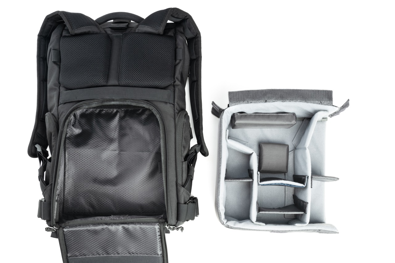 Top view of an open bag from Think Tank Photo with an insert next to it, against a white background
