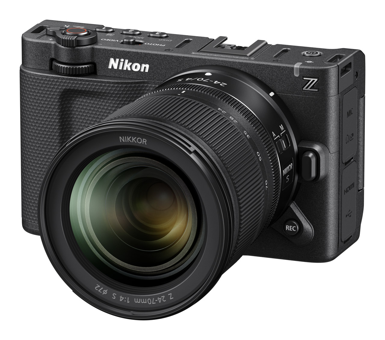 A black camera from Nikon facing the diagonal, against a white background