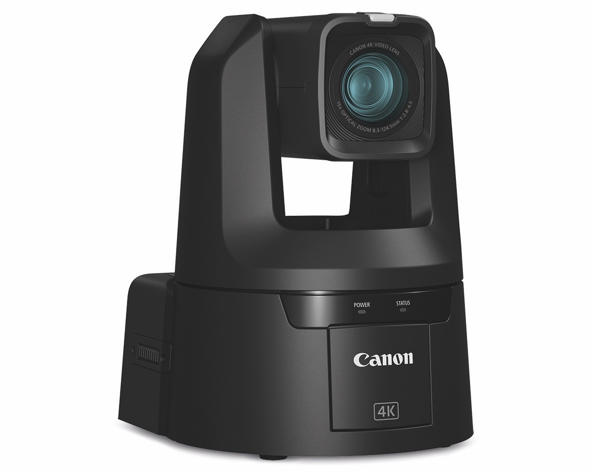 A black PTZ camera from Canon, against a white background