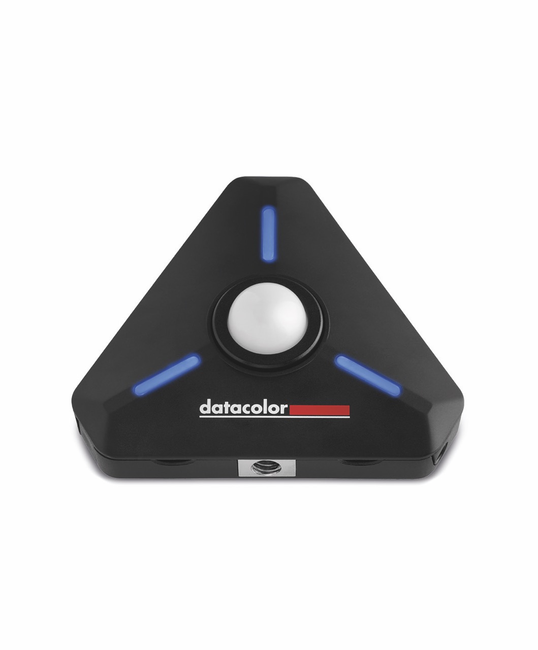 A black triangle with blue features and a white centre from Datacolor, against a white background