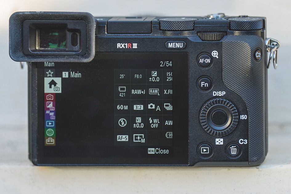 The button layout and menus will be familiar to Sony Alpha owners The screen of a Sony RX1R III camera with multiple options