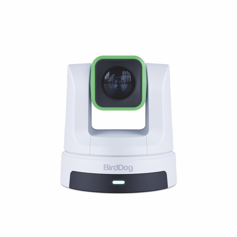 X5 Ultra. Image: Birddog A white PTZ camera from Birddog with green features, against a white background