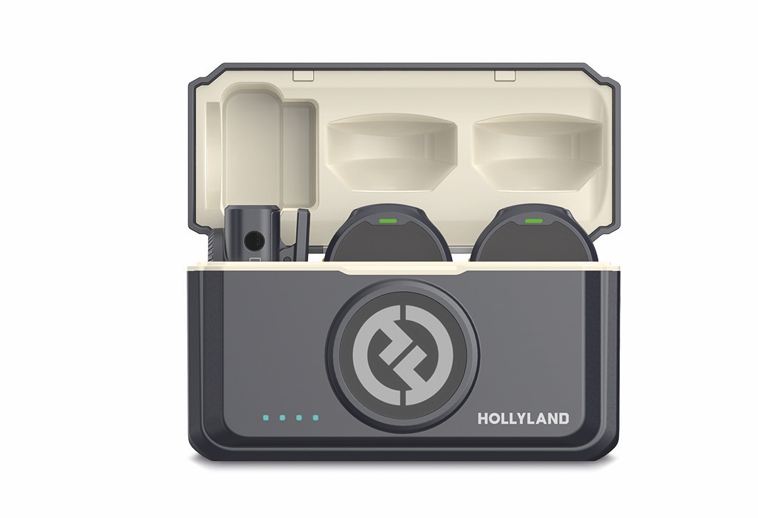 A square case with recording devices from Hollyland inside, against a white background