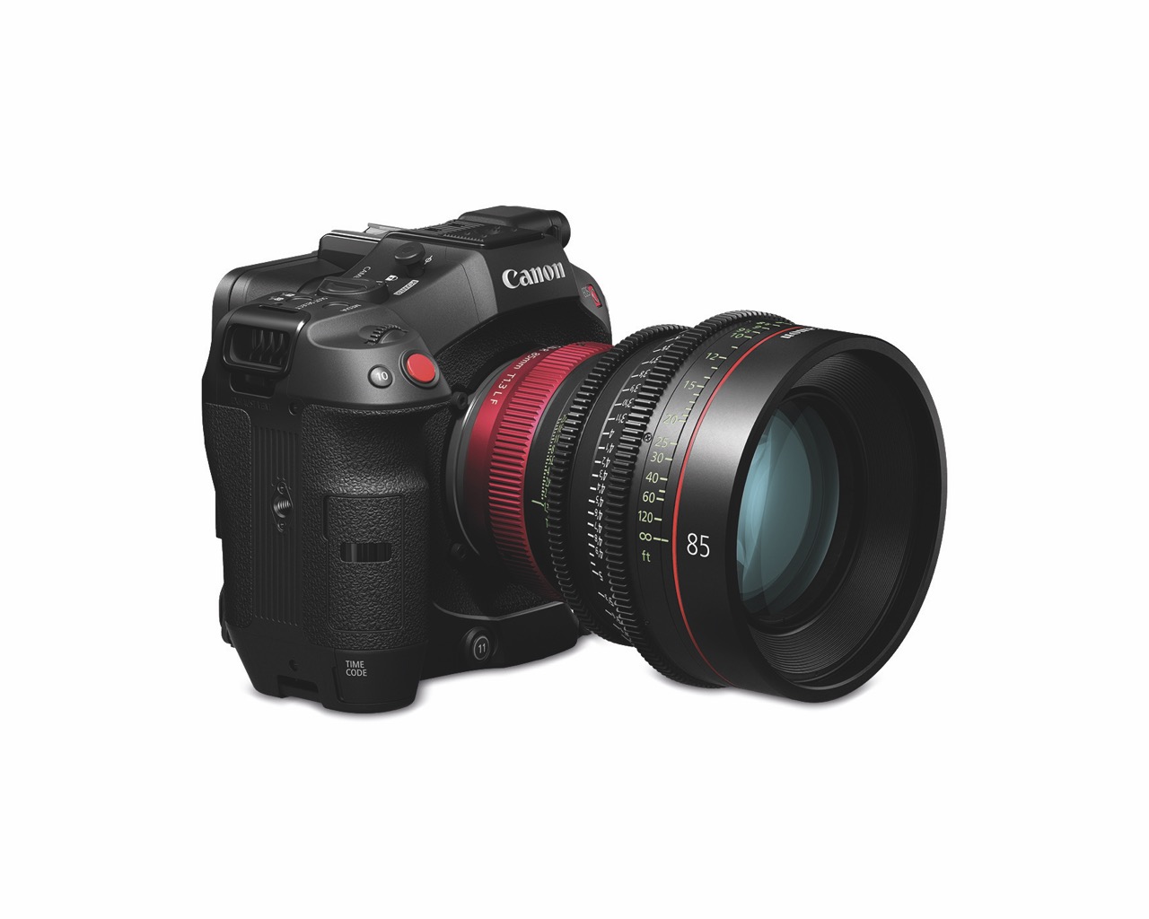 A Canon camera with red features, against a white background