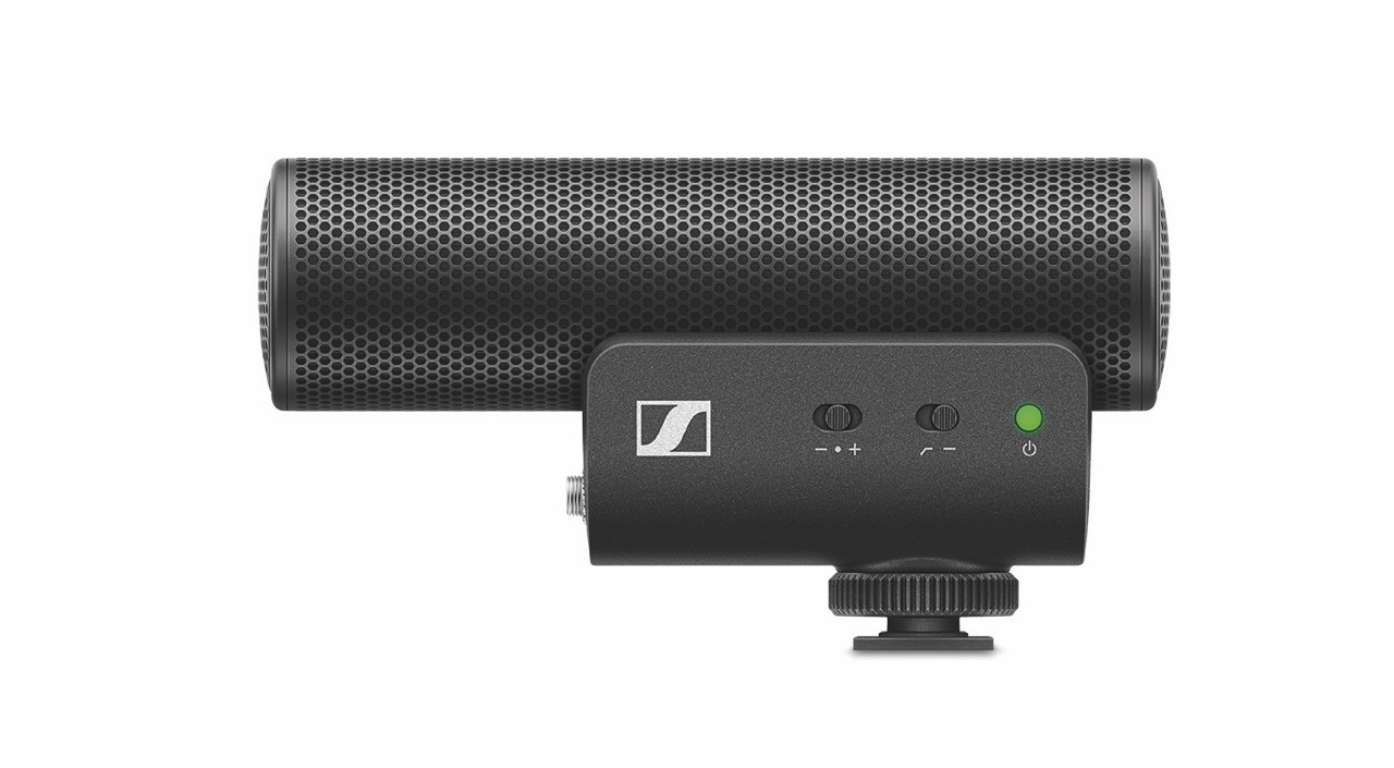 A professional microphone from Sennheiser, against a white background