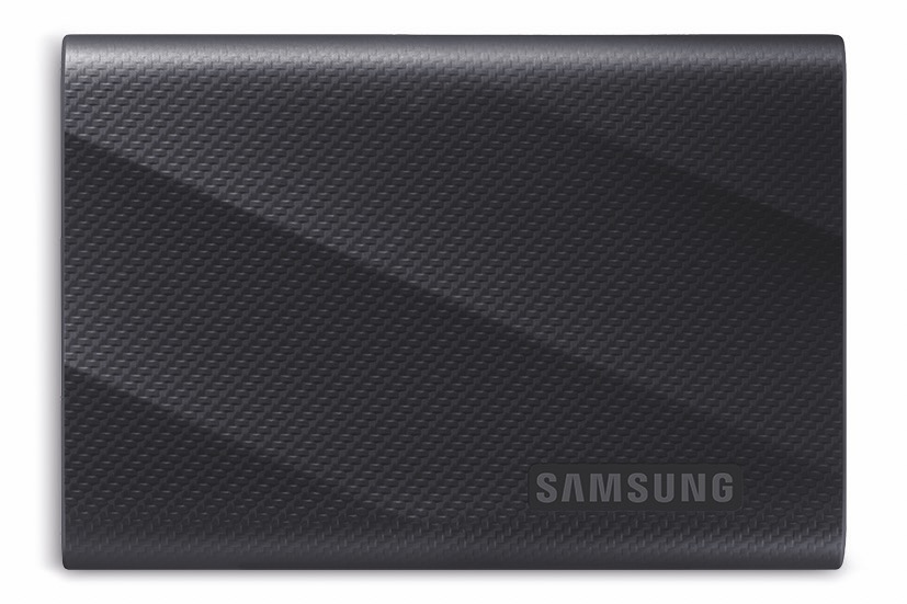 A textured black hard drive from Samsung, against a white background