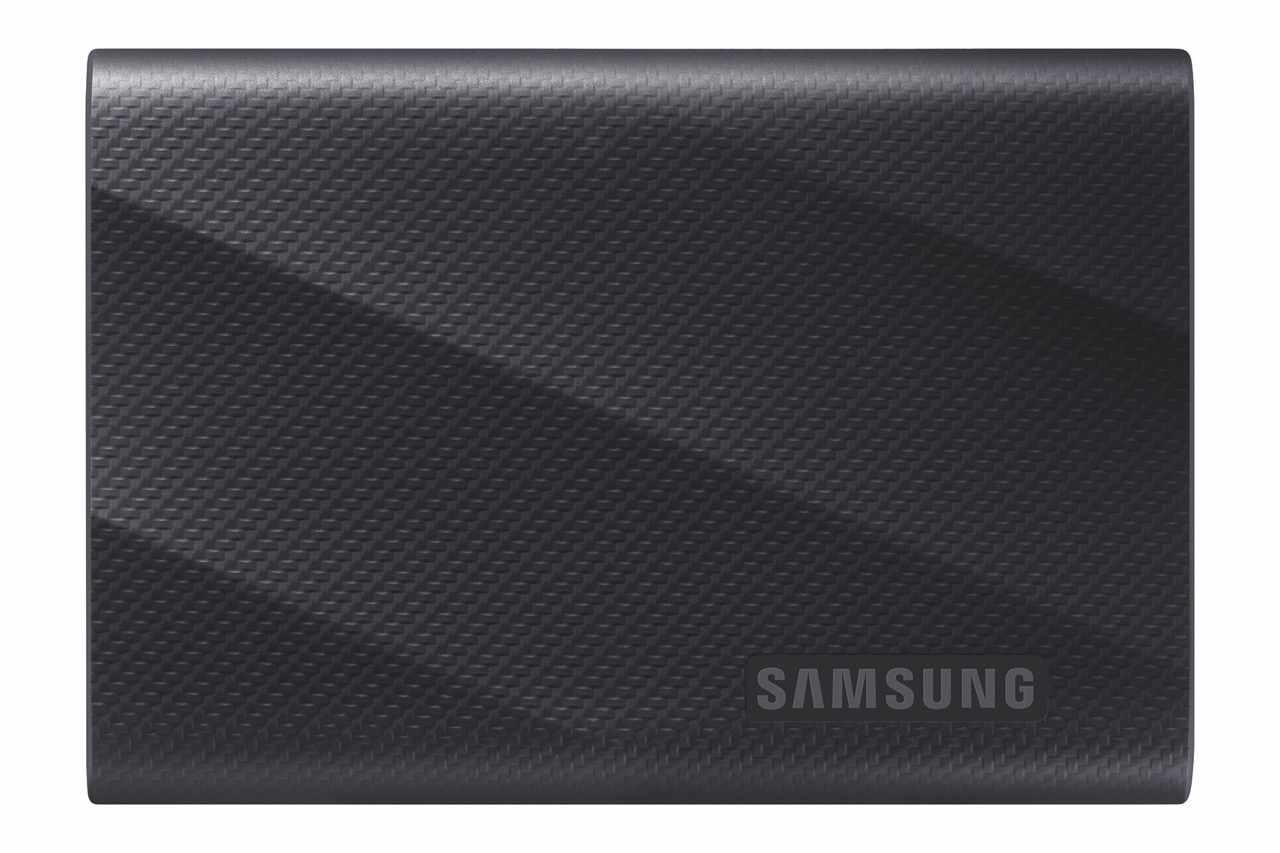A black rectangular hard drive from Samsung, against a white background