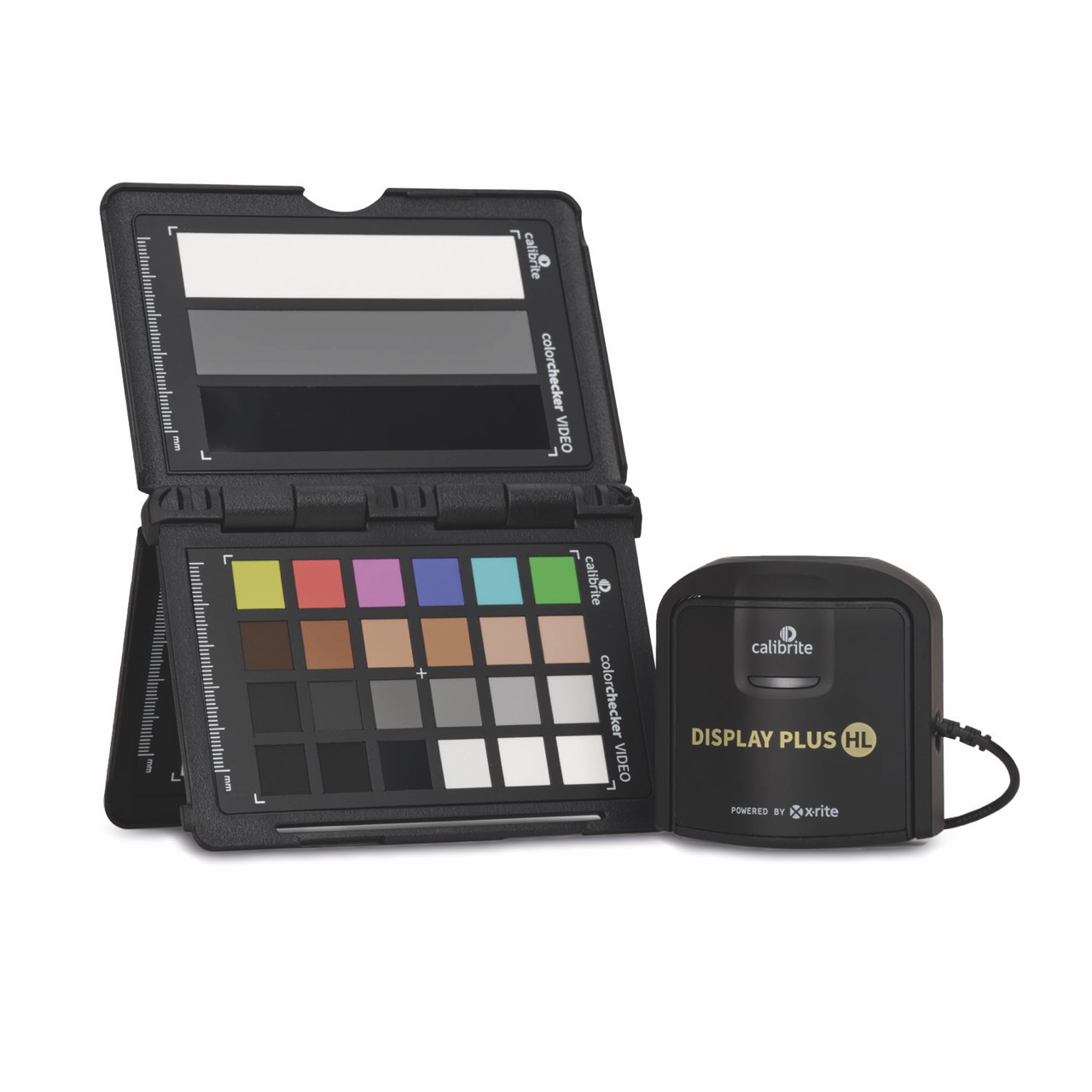 A colour monitor from Calibrite with different colour squares and tones. A small device is attached with a wire