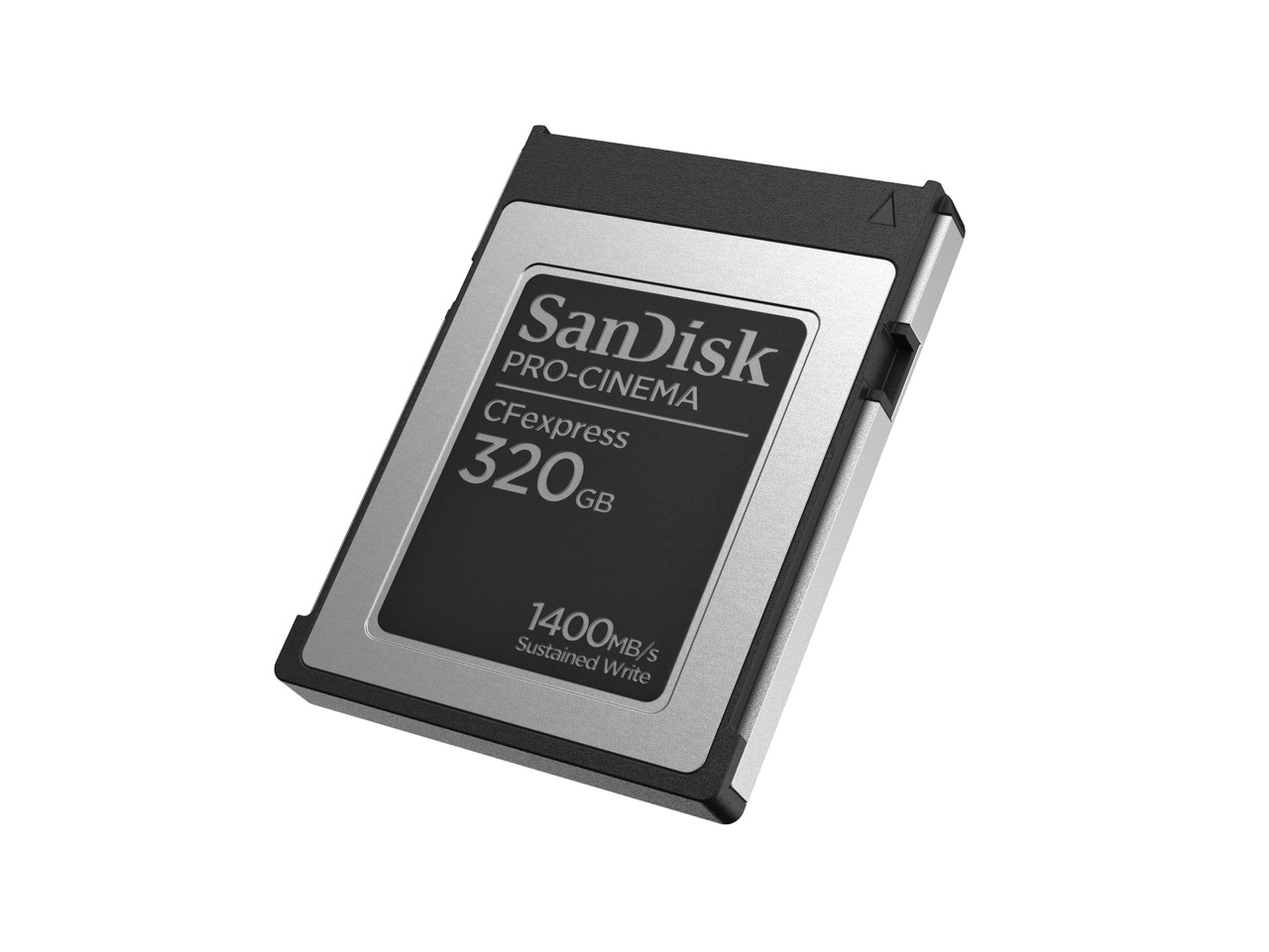 A Sandisk SD card in black and white at a diagonal, against a white background