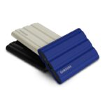 Three hard drives from Samsung in black, white and blue, against a white background