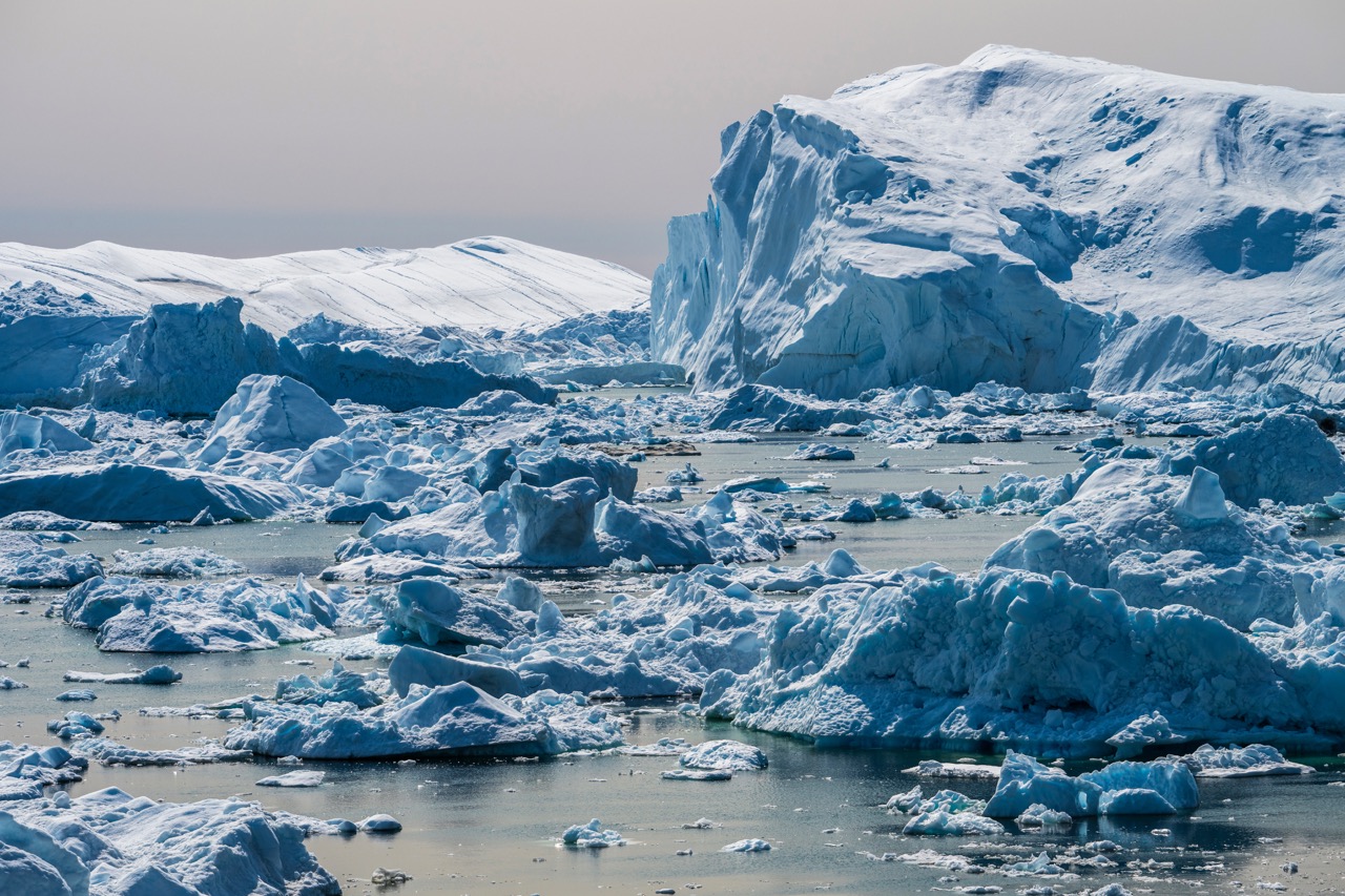 Melting blue ice floats, surrounded by sea