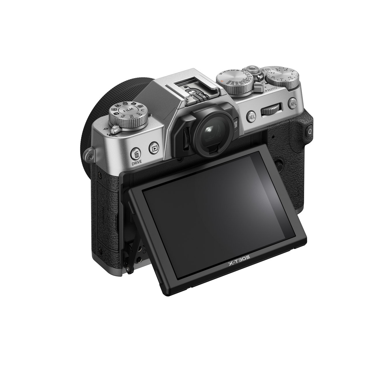 A black and silver Fujifilm camera with a tilting screen, against a white background