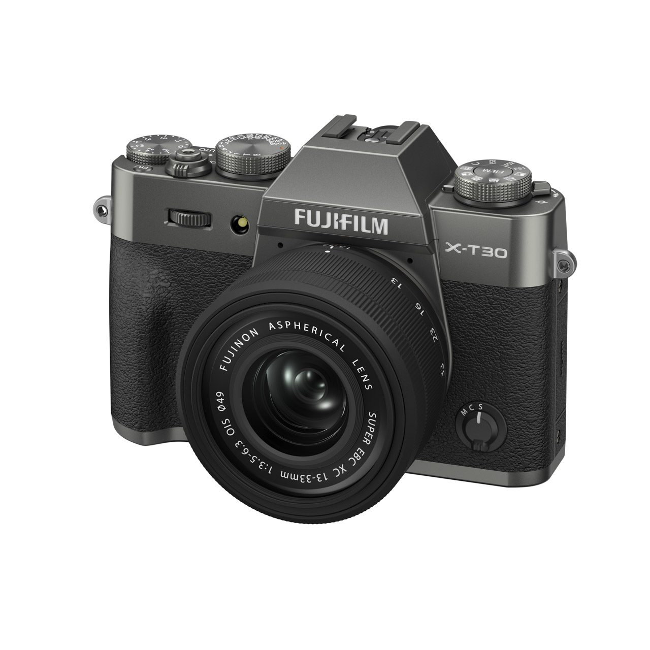 A black and grey Fujifilm X-T30 III camera facing a slight diagonal, against a white background