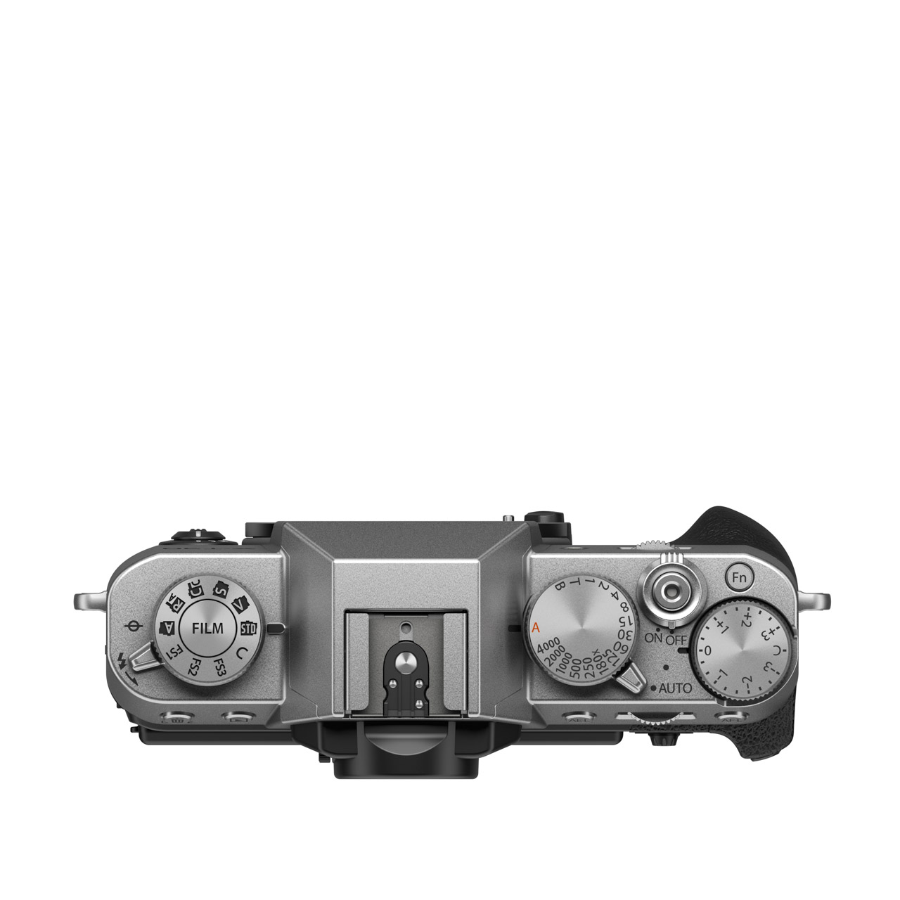 Top view of a Fujifilm camera with a silver top, featuring numerous buttons and dials