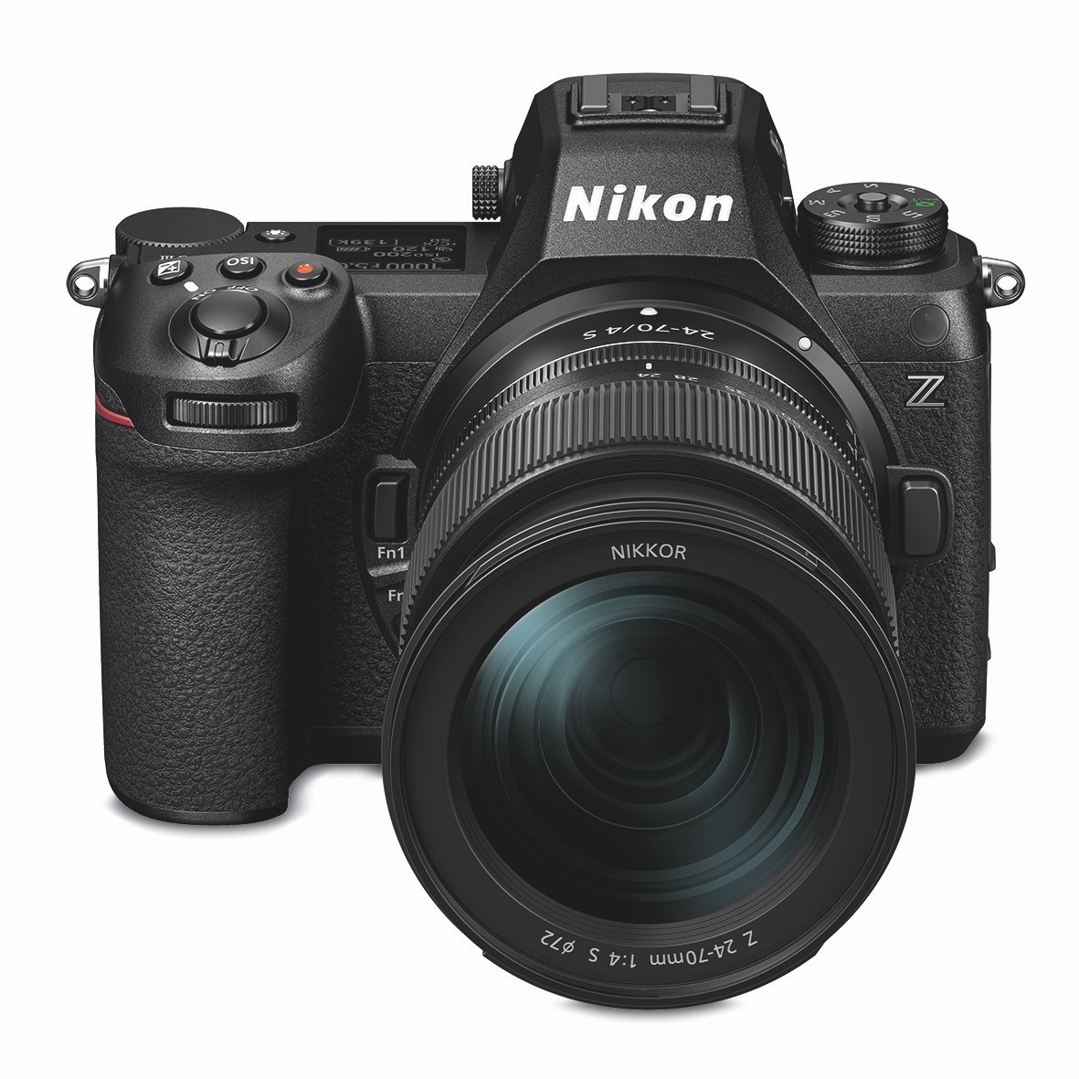 A black camera from Nikon facing forward, against a white background