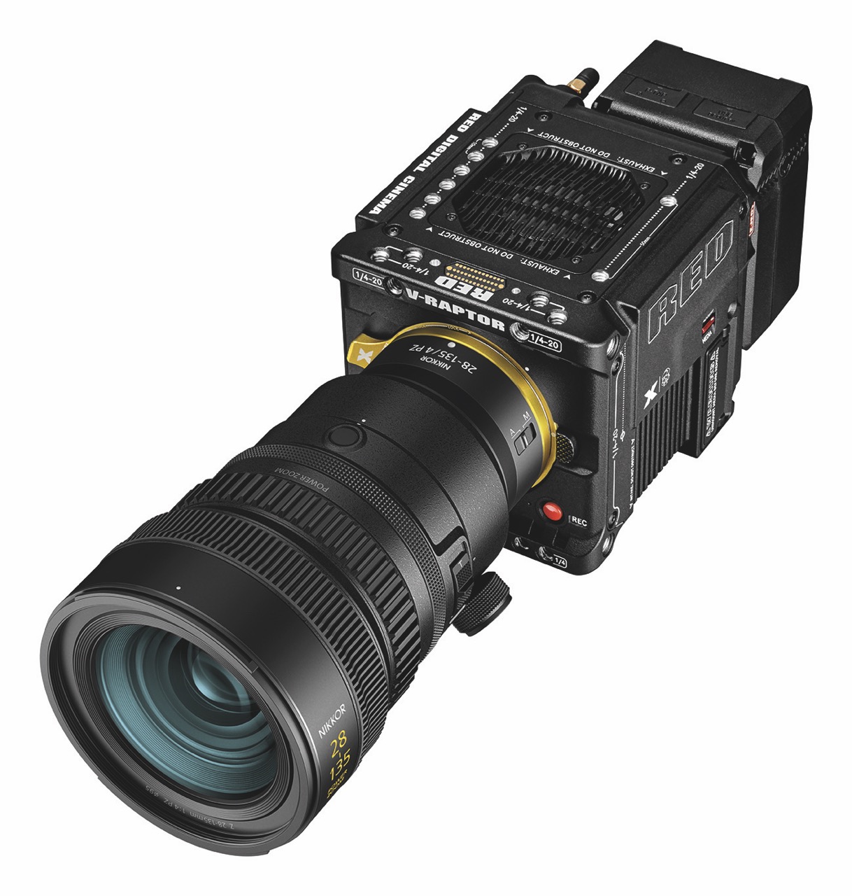 A professional cinema camera from Red with a square body and long lens, against a white background