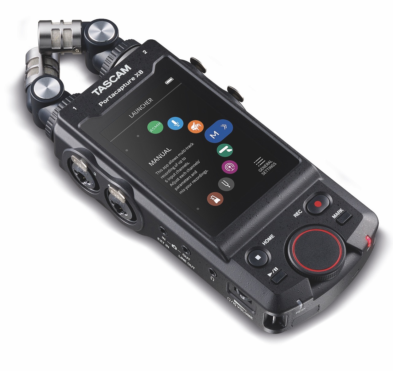 A rectangular recording device from Tascam with a screen and dial, against a white background