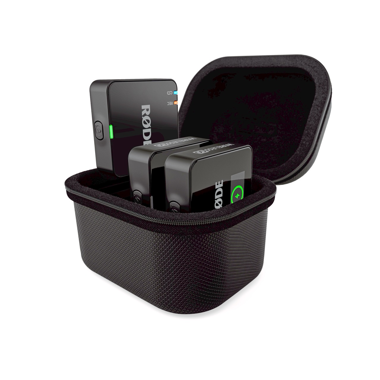 A small black case with recording devices from Rode inside, facing the diagonal and against a white background