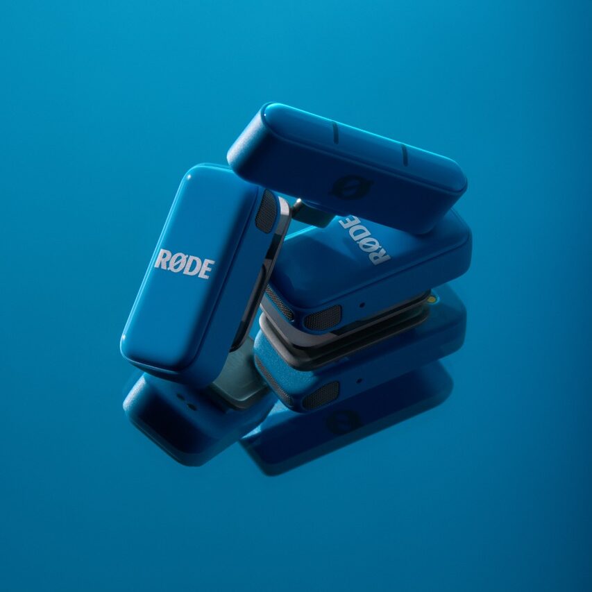 A collection of blue microphones from Rode, against a blue background