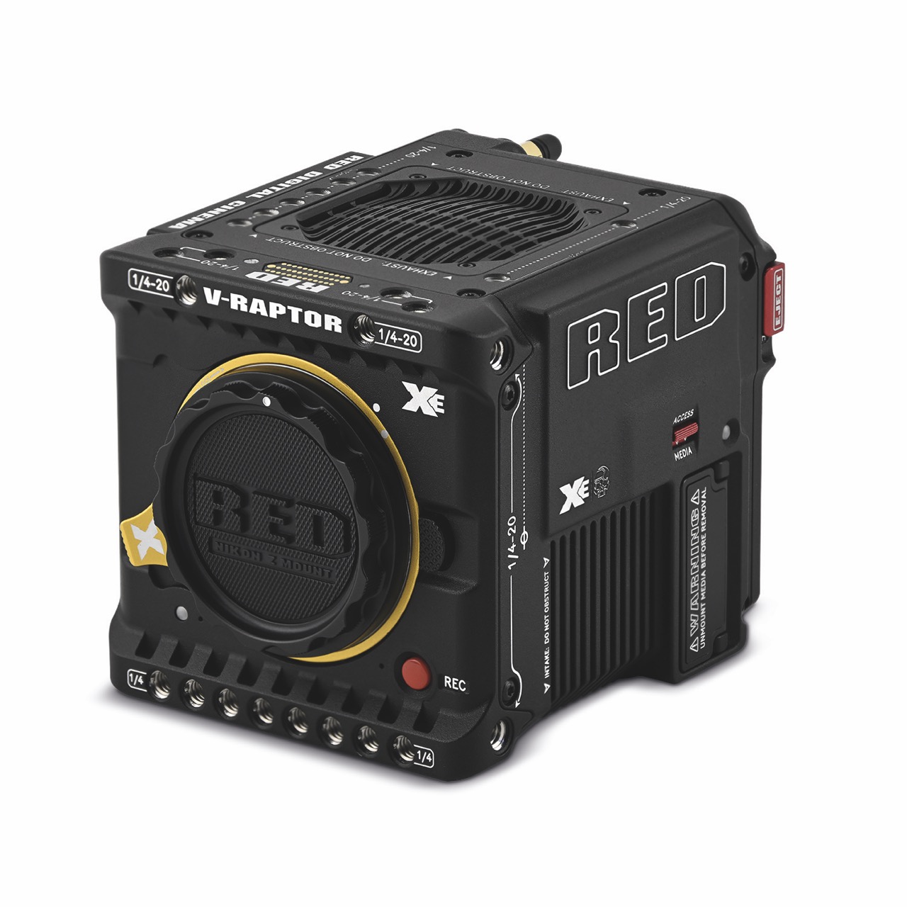 A square box-like camera from Red, against a white background